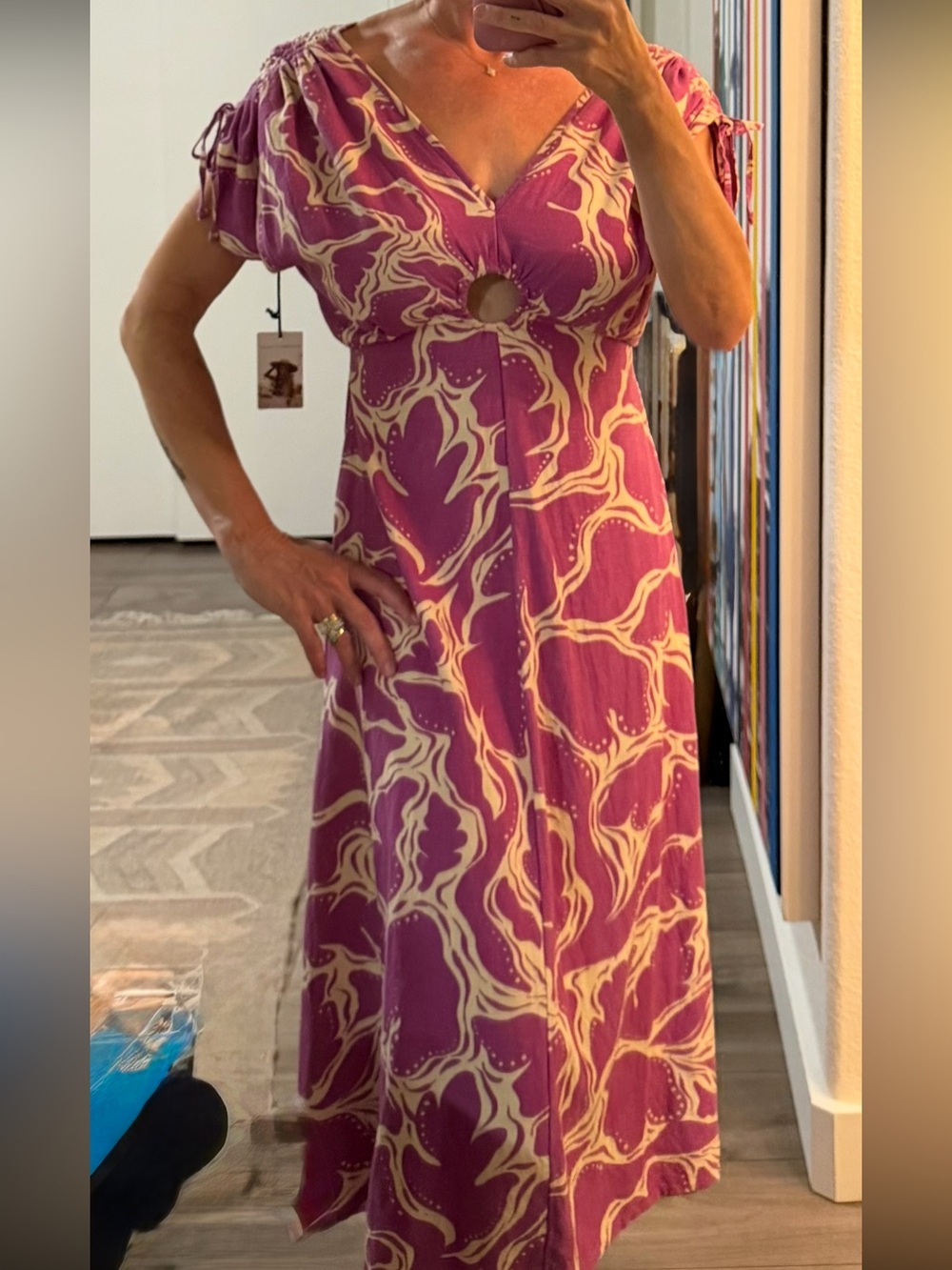 Women's light Purple Cream Patterned Maxi Dress w/ Keyhole and pull tie sleeves
